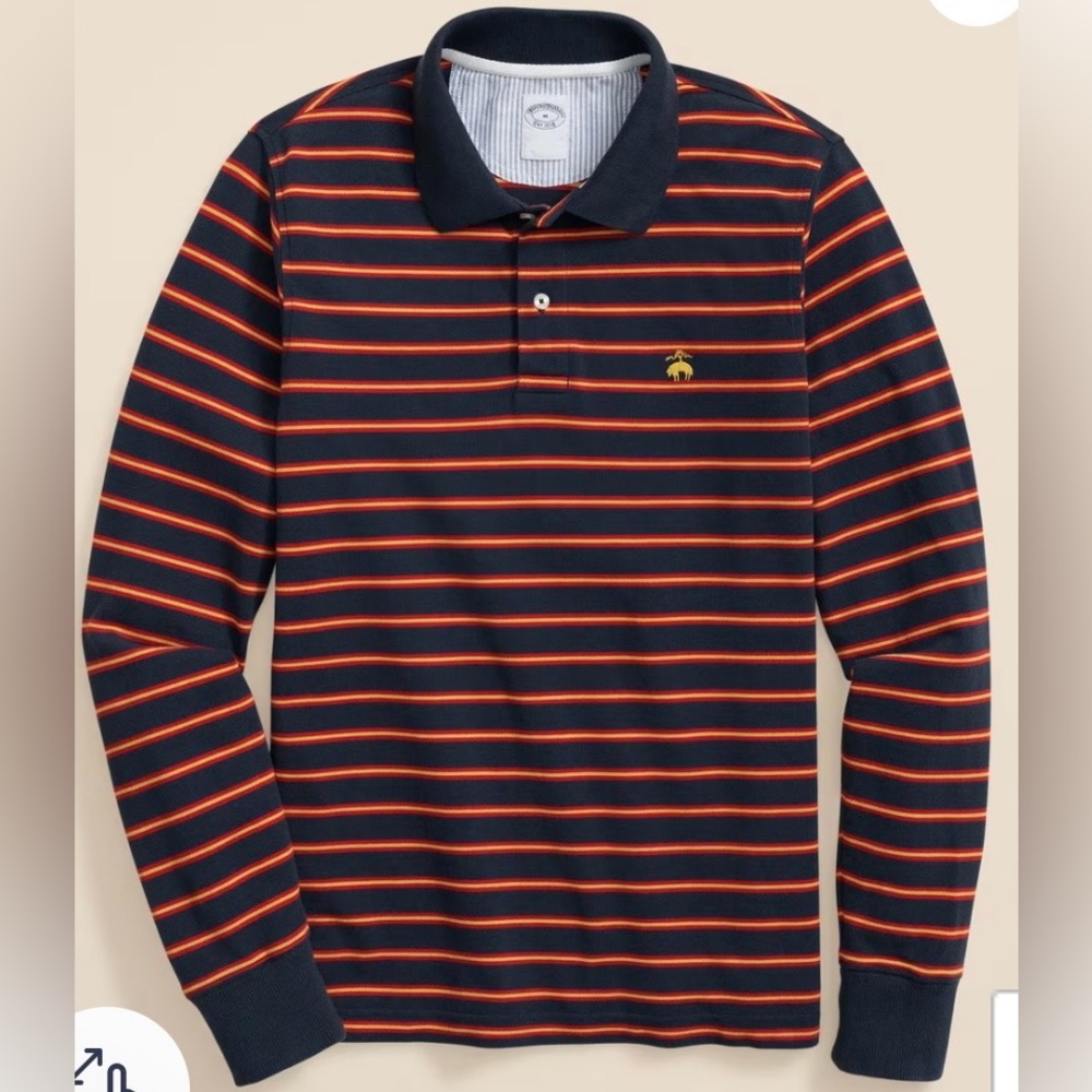 NWT Brooks Brothers Golden Fleece Stretch Supima Navy and Orange Striped Polo